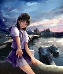  :d black_hair boat bow building chef_no_kimagure_salad city cloud dusk hair_bow highres lavender_bow long_hair looking_at_viewer mountain open_mouth original outstretched_arm pleated_skirt real_world_location river sailor_collar school_uniform skirt sky smile solo watercraft wind yellow_eyes 