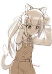 animal_ears arms_up bell belt blush buttons cat_ears cat_tail collared_shirt commentary cowboy_shot dress ebifly eyebrows_visible_through_hair hair_ribbon kantai_collection kasumi_(kantai_collection) long_hair long_sleeves monochrome neck_ribbon nose_blush pinafore_dress putting_on_headwear remodel_(kantai_collection) ribbon school_uniform shirt side_ponytail simple_background solo sweat tail twitter_username white_background 