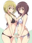  asymmetrical_docking bikini black_bikini blonde_hair breast_press breasts brown_eyes brown_hair cleavage cowboy_shot eyebrows_visible_through_hair front-tie_bikini front-tie_top funami_yui holding_hands ichii_yui interlocked_fingers long_hair looking_at_viewer low_twintails medium_breasts medium_hair mel_(melty_pot) multiple_girls namesake navel parted_lips seiyuu_connection side-tie_bikini swimsuit tsuda_minami twintails wet wet_hair white_bikini yellow_eyes yuru_yuri yuyushiki 