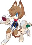  blue_eyes bow_tie briefs brown_fur brown_hair bulge canine clothing cub dog drinks fur hair ice_cubes male mammal numberz simple_background solo standing underwear vest young 