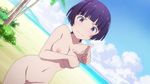 1girl areolae blue_sky blush breasts closed_mouth cloud collarbone day dutch_angle embarrassed eromanga_sensei female looking_at_viewer navel nipples nude nude_filter outdoors photoshop plant pointing purple_eyes purple_hair pussy senju_muramasa short_hair sky solo standing tree 