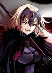  :d absurdres banner blonde_hair breasts breasts_apart cape chain eyebrows_visible_through_hair fate/grand_order fate_(series) gauntlets hair_ornament highres holding jeanne_d'arc_(alter)_(fate) jeanne_d'arc_(fate)_(all) large_breasts looking_at_viewer open_mouth short_hair smile solo tate_(donnguriumai) upper_body yellow_eyes 