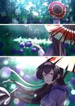  alternate_costume banned_artist black_hair blush breasts bush commentary ears_visible_through_hair eyebrows_visible_through_hair flower fusou_(kantai_collection) hair_between_eyes hair_ornament hairband holding holding_umbrella hydrangea japanese_clothes kantai_collection kimono long_hair long_sleeves looking_at_viewer low-tied_long_hair medium_breasts oriental_umbrella rain red_eyes remodel_(kantai_collection) shaded_face shadow smile solo tachikoma_(mousou_teikoku) tree umbrella wide_sleeves 