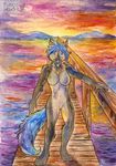  anthro breasts canine featureless_breasts featureless_crotch female fuzzymaro mammal outside sea sunset traditional_media_(artwork) water watercolor_(artwork) wolf 