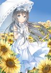  black_hair blue_bow blue_eyes blue_sky bow day dress field floating_hair flower flower_field gloves hair_bow hairband holding holding_umbrella long_hair looking_at_viewer original outdoors ribbon sky sleeveless sleeveless_dress smile solo standing sunflower umbrella very_long_hair wataame27 white_dress white_gloves white_ribbon white_umbrella yellow_flower 
