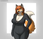  2017 anthro bedroom_eyes big_breasts blue_eyes bodysuit breasts canine cleavage clothed clothing corporalbackrubs digital_media_(artwork) dipstick_tail female fox fur hair half-closed_eyes hi_res longe_hair looking_at_viewer mammal multicolored_fur multicolored_tail orange_fur orange_hair portrait seductive simple_background skinsuit smile solo three-quarter_portrait tight_clothing two_tone_fur white_fur wide_hips zipper 