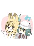  absurdres animal_ears backpack bag blonde_hair blush_stickers bow bowtie brown_eyes feathers hat heart highres kaban_(kemono_friends) kemono_friends multiple_girls paw_pose serval_(kemono_friends) serval_ears simple_background sketch ts_(dksg4) upper_body white_background 