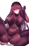  arm_up bad_id bad_twitter_id belly bodysuit breasts cameltoe circlet covered_navel eyebrows_visible_through_hair fafas68 fate/grand_order fate_(series) groin hair_tucking highres large_breasts long_hair parted_lips purple_bodysuit purple_eyes purple_hair scathach_(fate)_(all) scathach_(fate/grand_order) single_pauldron solo spread_legs transparent_background veil very_long_hair 