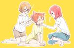  animal_ears back_peek barefoot between_thighs blush bra_strap brown_hair cat_ears chin_tickle clenched_hands closed_eyes collar collarbone denim eighth_note floating_heart frilled_blouse frilled_sleeves frills glasses hair_brush hair_brushing hand_in_another's_hair heart hoshizora_rin itsuki_kuro jeans jpeg_artifacts kemonomimi_mode kneeling koizumi_hanayo looking_at_another love_live! love_live!_school_idol_project multiple_girls musical_note nishikino_maki no_pants no_shoes off-shoulder_blouse one_knee open_mouth orange_hair outline pants pants_rolled_up profile purple_eyes red_hair semi-rimless_eyewear shirt short_sleeves shorts simple_background sitting smile socks spoken_musical_note squatting sweatdrop t-shirt tareme under-rim_eyewear v_arms wariza white_legwear white_outline yellow_background yellow_shirt 