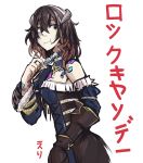  black_hair bloodstained:_ritual_of_the_night blue_eyes breasts brown_hair detached_sleeves eri_(erikiri) gradient_hair hair_between_eyes hair_ornament highres looking_at_viewer miriam_(bloodstained) multicolored_hair short_hair solo stained_glass 