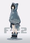  absurdres black_hair black_skirt boots cloak f-22_raptor fami_(yellow_skies) gradient gradient_background highres hood hood_up hooded_cloak long_hair looking_to_the_side mecha_musume mittens number skirt solo standing us_air_force 