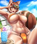 abs animal_ears antenna_hair arm_up armpits bikini blazblue blue_sky blurry blush breasts brown_eyes brown_hair chair commentary_request covered_nipples cup day depth_of_field drinking_glass eyewear_on_head hair_between_eyes highres huge_breasts light_brown_hair looking_at_viewer lying makoto_nanaya multicolored_hair navel o-ring o-ring_bikini o-ring_top on_back open_mouth shiny shiny_hair skindentation sky smile squirrel_ears squirrel_girl squirrel_tail sunglasses swimsuit tail tama_(tamakaka1031) two-tone_hair underboob 