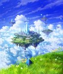  checkered city cloud cloudy_sky crystal day depth_of_field fantasy floating_city floating_island flower grass highres landscape light_particles no_humans original pyramid river scenery shiki_makoto sky tower water waterfall 
