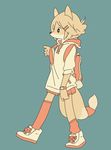  5_fingers anthro backpack beige_hair black_eyes blue_background canine clothing footwear fox fur hairband hoodie legwear mammal multicolored_fur s1120411 shoes shorts simple_background socks solo tail_ornament tan_fur two_tone_fur walking white_fur wristwatch 