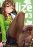  arm_at_side arm_support black_legwear black_skirt braid breasts brown_hair closed_mouth collared_shirt commentary_request cover cover_page doujin_cover eyebrows_visible_through_hair feet green_jacket hair_ornament hair_over_shoulder hair_scrunchie highres i_am_homeko idolmaster idolmaster_cinderella_girls jacket long_sleeves looking_at_viewer medium_breasts necktie no_shoes on_chair orange_neckwear pantyhose pencil_skirt red_scrunchie scrunchie senkawa_chihiro shiny shiny_clothes shirt short_hair single_braid sitting skirt soles text_focus thighband_pantyhose toes white_shirt wing_collar 