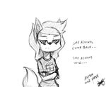  2015 anthro asper_(panzery25) bags_under_eyes black_and_white canine clothed clothing crossed_arms dialogue english_text female fox graffiti half-closed_eyes inner_ear_fluff looking_at_viewer mammal monochrome panzery25 signature simple_background solo text white_background 