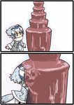  2koma bird_tail blush brown_eyes chocolate_fountain comic commentary_request curious fountain grey_hair head_wings jack_and_jill_(movie) kemono_friends meme multicolored_hair northern_white-faced_owl_(kemono_friends) seki_(red_shine) short_hair white_hair 