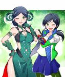  2girls black_hair cheongsam gloves green_eyes hammy juuken_sentai_gekiranger long_hair mele multiple_girls super_sentai uchu_sentai_kyuranger uniforms 