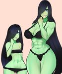  abs black_hair breasts cleavage dual_persona green_skin hair_over_one_eye lips long_hair mole mole_under_eye monster_girl nina_(scathegrapes) orc original scathegrapes underwear younger 