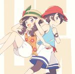  1girl black_hair braid bucket_hat grey_eyes hat legwear_under_shorts long_hair mizuki_(pokemon) pokemon pokemon_(game) pokemon_usum shorts sun_hat tank_top twin_braids you_(pokemon) yuki56 z-ring 