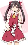  :o ascot black_hair brown_hair chinako1075 commentary detached_sleeves gohei hakurei_reimu highres long_hair looking_at_viewer red_eyes signature skirt solo touhou twintails vest 