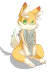  anthro bottomless canine clothed clothing covering covering_crotch cub cute fox fur green_eyes kemono male mammal orange_fur poncho shadow simple_background solo white_background white_fur young 典藏haodai 