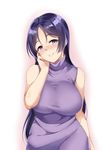  arm_at_side bangs bare_arms bare_shoulders blush breasts commentary_request eyebrows_visible_through_hair fate_(series) hand_on_own_face head_tilt highres large_breasts long_hair looking_at_viewer minamoto_no_raikou_(fate/grand_order) parted_bangs parted_lips purple_eyes simple_background sleeveless sleeveless_turtleneck smile solo spicy_moo standing straight_hair sweater teeth turtleneck turtleneck_sweater very_long_hair 