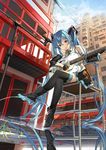  bangs black_gloves black_legwear blue_eyes blue_hair boots building calc_(vocaloid) chair crossed_legs detached_sleeves gloves guitar hair_between_eyes hatsune_miku highres instrument long_hair miniskirt music necktie open_mouth pagoda playing_instrument pleated_skirt popuru puddle reflection ripples sitting skirt solo thighhighs twintails very_long_hair vocaloid 