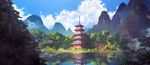  artist_name bird blue_sky building cloud commentary day east_asian_architecture fog forest highres lake landscape mountain nature no_humans outdoors pagoda reflection scenery shore sky sylvain_sarrailh water watermark web_address 