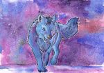  abstract_background blue_eyes blue_fur canine ear_piercing feral fox fur fuzzymaro mammal open_mouth piercing pink_nose traditional_media_(artwork) watercolor_(artwork) 