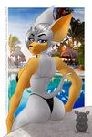  2017 anthro back_side bat big_breasts bikini breasts butt clothed clothing digital_media_(artwork) female fredkakes fur hair hi_res huge_breasts humanoid mammal outside pool_(disambiguation) rouge_the_bat signature solo sonic_(series) swimsuit thick_thighs video_games water watermark wide_hips 