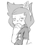  2015 anthro asper_(panzery25) bags_under_eyes canine clothed clothing female fox greyscale looking_at_viewer mammal monochrome panzery25 signature simple_background solo white_background 