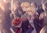  absurdres artoria_pendragon_(all) bangs black_gloves blush bouquet breasts chinese_commentary commentary_request crowd dress embarrassed eyebrows_visible_through_hair fate/apocrypha fate/stay_night fate_(series) flower formal gloves hair_between_eyes hand_up highres holding holding_bouquet incest jacket long_hair looking_at_viewer mackintosh_rose mordred_(fate) mordred_(fate)_(all) mother_and_daughter multiple_girls open_clothes open_jacket open_mouth parted_bangs parted_lips ponytail red_flower red_rose rose saber sidelocks small_breasts smile suit teeth tuxedo upper_body white_dress yorukun yuri 