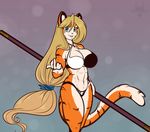  2017 abs anthro blonde_hair bra breasts cleavage clothed clothing digital_media_(artwork) feline female fur green_eyes hair holding_object kattleen_(scorpdk) long_hair looking_at_viewer mammal middle_finger muscular navel open_mouth panties pole scorpdk simple_background smile solo staff standing stripes tiger underwear 