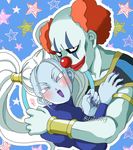  1boy 1girl :d angel_(dragon_ball) armlet black_eyes blue_background blush bracelet bracer c: closed_mouth clown clown_nose collarbone couple deity dragon_ball dragon_ball_super facial_mark grey_skin hakaishin hands happy head_tilt hetero highres hug interspecies jewelry lavender_eyes lips lipstick long_hair long_sleeves looking_at_viewer makeup marcarita_(dragon_ball) nail_polish neck open_mouth orange_hair outline pale_skin puffy_long_sleeves puffy_sleeves purple_lipstick purple_nails short_hair smile star starry_background twintails universe_11_(dragon_ball) upper_body vermoud white_hair white_outline white_skin 