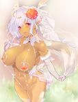  areola big_breasts blush breasts clothing elf female hair humanoid lingerie mammal mokomoko_yanakku nipples not_furry open_mouth purple_eyes pussy tan_skin white_hair 