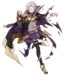  book cape closed_eyes fingerless_gloves fire_emblem fire_emblem:_kakusei fire_emblem_heroes full_body gloves henry_(fire_emblem) highres kyuusugi_toku male_focus official_art open_mouth solo torn_clothes transparent_background white_hair 