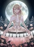  ahoge akamatsu_kaede alternate_costume backlighting bad_perspective bangs bare_shoulders blonde_hair blush bow bracelet collarbone cowboy_shot danganronpa dress earrings eighth_note fence fingernails flower full_moon glowing hair_flower hair_ornament highres instrument jewelry large_bow long_hair looking_at_viewer moon moonlight music musical_note musical_note_earrings nail_polish necklace new_danganronpa_v3 night night_sky orange_dress outdoors piano piano_keys pink_bow pink_dress pink_flower pink_nails pink_rose plant playing_instrument playing_piano purple_eyes quaver_earrings rose sky smile solo standing star_(sky) starry_sky swept_bangs thorns treble_clef tsurime vines xino 