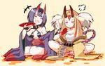  =3 blonde_hair breasts closed_eyes cup facial_mark fate/grand_order fate_(series) horns ibaraki_douji_(fate/grand_order) indian_style japanese_clothes kimono long_hair multiple_girls navel oni oni_horns open_mouth pia_(botamochinjufu) purple_hair sakazuki short_hair shuten_douji_(fate/grand_order) sitting small_breasts smile tattoo yellow_kimono 