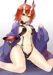  ahoge alcohol bangs bare_legs breasts closed_mouth collarbone commentary_request cosplay cup eyebrows eyebrows_visible_through_hair fate/grand_order fate_(series) fujimaru_ritsuka_(female) gradient gradient_background hair_between_eyes highres holding holding_clothes holding_cup horns japanese_clothes kimono looking_at_viewer medium_breasts navel oni oni_horns orange_hair revealing_clothes rkp sakazuki sake short_hair shuten_douji_(fate/grand_order) shuten_douji_(fate/grand_order)_(cosplay) sitting solo yellow_eyes 