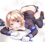  all_fours armband ass blonde_hair blue_eyes commentary_request crawling cropped_jacket downblouse eyebrows_visible_through_hair gloves headwear_removed helmet helmet_removed highres holding holding_knife knife long_hair neit_ni_sei open_mouth original pala_bergsson short_hair shorts solo sweatdrop thighhighs trembling 