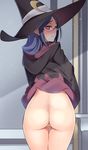  1girl ass blue_hair blush bottomless dress dress_lift edit embarrassed glasses half-closed_eyes hana_(ikihaji8192) hat lips little_witch_academia long_hair looking_at_viewer looking_back nekomate14 no_panties photoshop pink_lips pussy red_eyes solo sweat sweatdrop thigh_gap thighs uncensored ursula_charistes witch witch_hat 