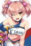  bangs bare_shoulders bow breasts cheerleader choker collarbone commentary_request elbow_gloves eyelashes gloves hair_bow hand_on_hip highres idolmaster idolmaster_cinderella_girls jougasaki_mika large_breasts leaning_forward midriff navel nippon_professional_baseball one_eye_closed open_mouth paopao peace_symbol pink_hair pom_poms saitama_seibu_lions side_slit simple_background skirt smile smiley_face solo strapless tubetop twintails twitter_username yellow_eyes 