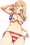  ;d american_flag_bikini aqua_eyes arm_up armpits ass_visible_through_thighs bangs bare_arms bare_shoulders bikini blonde_hair blush breasts cameltoe cleavage commentary_request cowboy_shot eyebrows_visible_through_hair flag_print from_below girls_und_panzer grin hatakenaka_(kamagabuchi) highres kay_(girls_und_panzer) large_breasts legs_apart long_hair looking_at_viewer looking_down navel one_eye_closed open_mouth parted_bangs parted_lips red_ribbon ribbon side-tie_bikini simple_background smile solo standing stomach string_bikini striped striped_bikini swimsuit tareme teeth underboob white_background 
