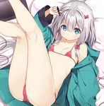  aqua_eyes arm_up bikini bow breasts drawing_tablet eromanga_sensei flat_chest hair_bow holding izumi_sagiri jacket kneepits knees_together_feet_apart long_hair looking_at_viewer low-tied_long_hair lying nauribon on_back open_clothes open_jacket pillow pink_bow red_bikini side-tie_bikini silver_hair small_breasts solo stylus swimsuit tablet tareme thighs untied untied_bikini 
