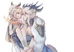  absurdres ankle_wrap aqua_eyes artoria_pendragon_(all) artoria_pendragon_(lancer_alter) bandeau bangs barefoot blonde_hair blush breasts brown_eyes carrying chinese_commentary cloak commentary_request eyebrows_visible_through_hair fang fate/apocrypha fate/grand_order fate_(series) fire fur_trim gauntlets grey_hair hair_between_eyes hand_up highres horns large_breasts light_smile looking_at_another mask mask_on_head mordred_(fate) mordred_(fate)_(all) mother_and_daughter multiple_girls open_mouth ox-demon_king princess_carry sidelocks simple_background skull_mask smile true_samadhi_fire upper_body white_background wrist_wrap yorukun 