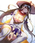  beads bikini_top blush breasts brown_hair cleavage commentary earrings fate/grand_order fate_(series) gradient gradient_background hands_together hat jewelry large_breasts long_hair long_sleeves looking_at_viewer oro_(sumakaita) red_eyes smile solo thighhighs xuanzang_(fate/grand_order) 