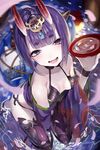  alcohol bangs blunt_bangs blurry blush breasts cup depth_of_field eyebrows_visible_through_hair fangs fate/grand_order fate_(series) from_above holding horns japanese_clothes kimono looking_at_viewer nekometaru oni oni_horns open_mouth petals purple_eyes purple_hair revealing_clothes sakazuki sake seiza shiny shiny_skin short_hair shuten_douji_(fate/grand_order) sitting small_breasts smile solo water 