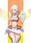  1girl angel_wings blue_eyes breasts cleavage dress halo highres kezi large_breasts league_of_legends midriff navel riven_(league_of_legends) solo white_hair 