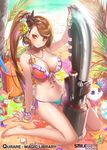  animal arm_support bangs bare_legs barefoot beach bikini bracelet breasts brown_eyes brown_hair cleavage flower frilled_bikini_top frills front-tie_top hair_flower hair_ornament heterochromia huge_weapon jewelry large_breasts lens_flare long_hair long_legs navel necklace outdoors pop_kyun qurare_magic_library red_eyes side-tie_bikini side_ponytail sitting smile solo swept_bangs swimsuit very_long_hair wariza weapon 